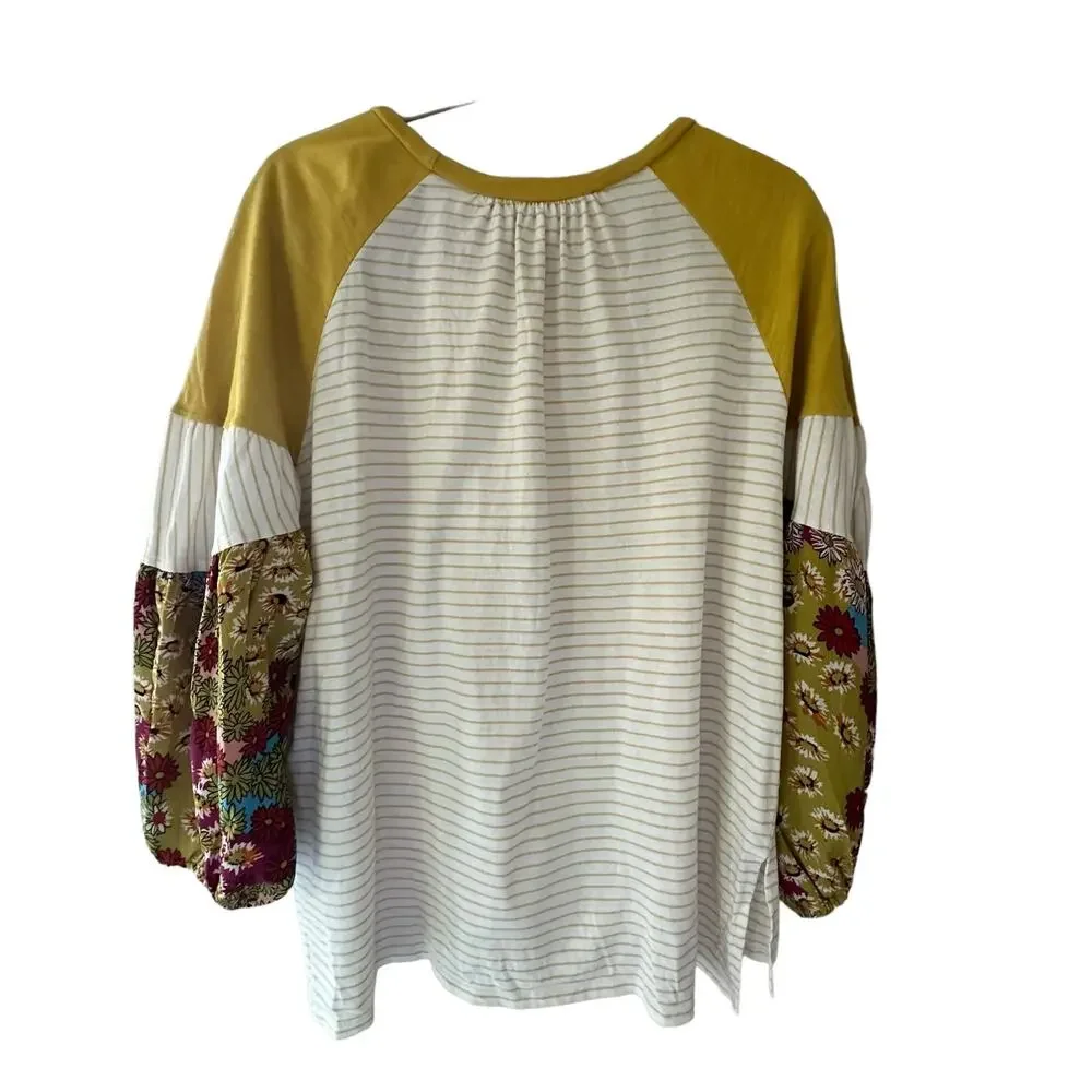 Umgee | Size L Yellow Striped Floral Sleeve Shirt Bubble Sleeve Boho Vintage